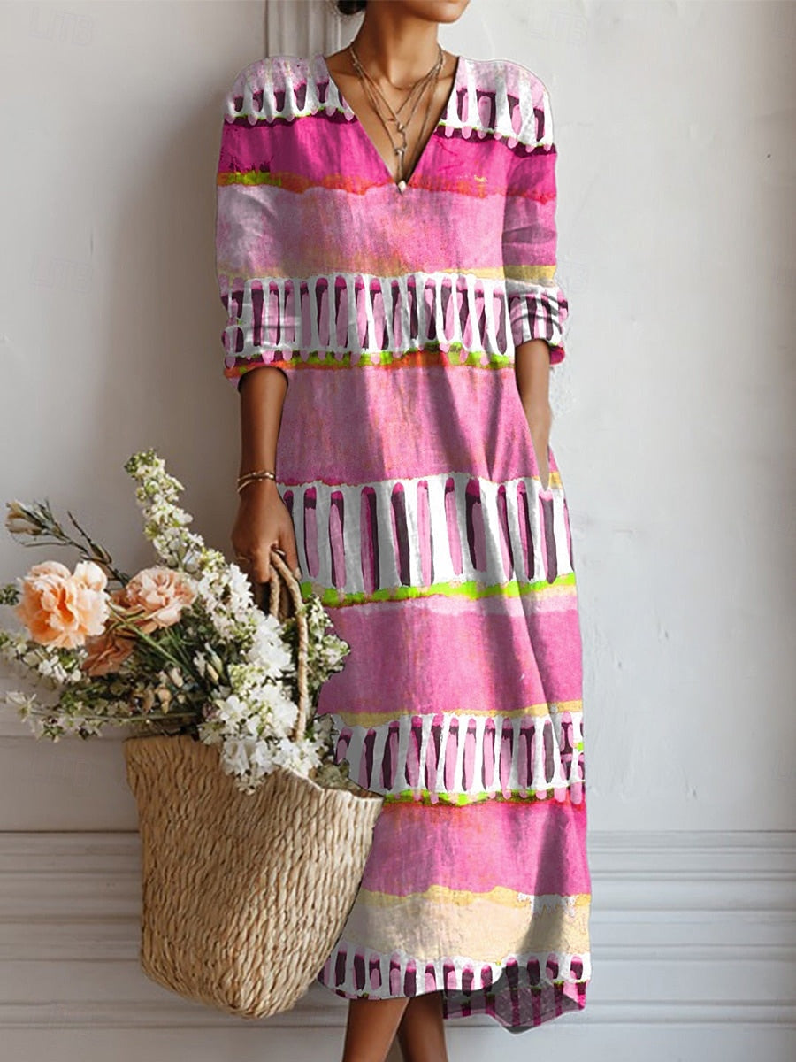 Vestido Midi Boho de Lino Estampado Mujer Escote V